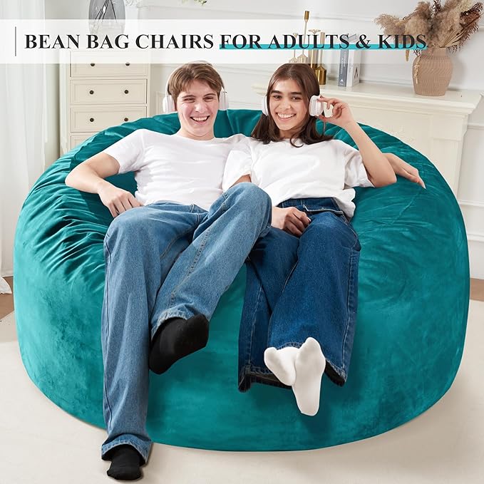 Homguava 5 FT Bean Bag Chair: 5' Bean Bags with Memory Foam Filled, Large Beanbag Chairs Soft Sofa with Dutch Velvet Cover-Sea Blue