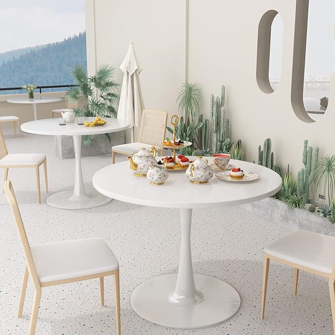 DKLGG White Round Dining Table, 31.5" Tulip Kitchen Dining Table for 2-4 People with MDF Table Top & Pedestal Base, Modern Minimalist Design