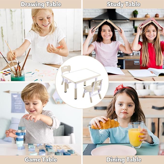 Adjustable Kids Table & Chairs Set for Ages 3-8 | 31.5"x23.6" Easy-Clean Activity Table | Meets ASTM/CPSC Standards for Daycare, Homeschool & Playroom (Natural, 2 Chairs)