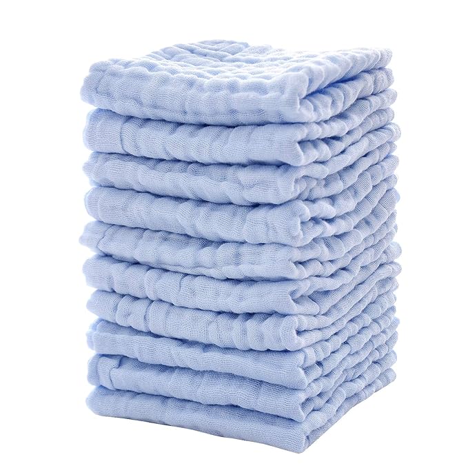 MUKIN Baby Washcloths - Natural Cotton Baby Wipes - Soft Newborn Face Towel for Sensitive Skin - 10 Pack, 12x12 inches