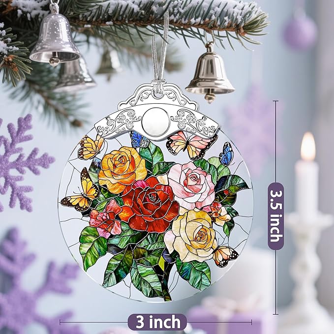 Butterfly & Rose Christmas Decorations - Christmas Ornaments for Tree | Stained Glass Ornament | Holiday Ornament – Flower Lover Gifts | Gift Ideas | Xmas Gift