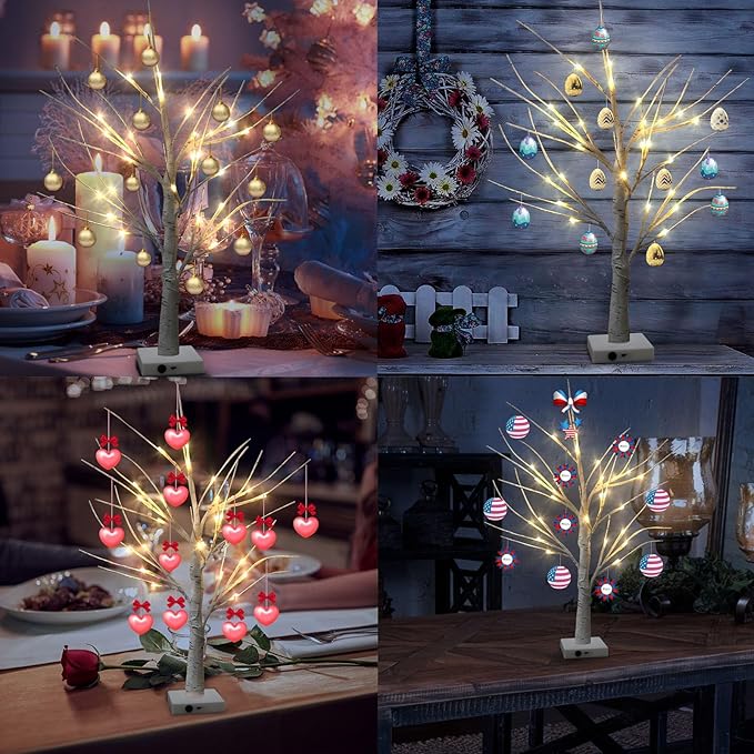 Set of 2 Warm White Birch Tree Light with Battery or USB Powered 24 LED Fairy Light Spirit Tree Tabletop Twinkling Tree Light Decor for Home Party Bedroom Wedding Thanksgiving Christmas Decoration