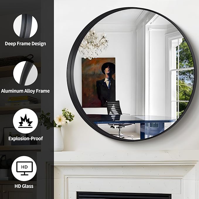 Black Round Mirror 36 inch Deep Frame Circle Mirror, Metal Framed Bathroom Mirror, Round Vanity Mirror, Circle Mirrors for Wall Entryway Bedroom Living Room Hallway