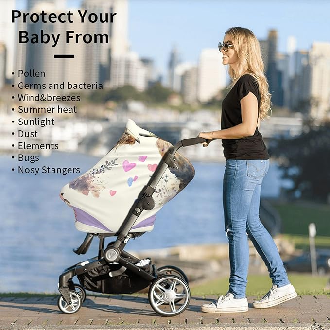 Personalized Highland Cow Baby Car Seat Cover with Name,Multi-Use Canopy for Nursing, Strollers,Shopping Carts,Customized Breastfeeding Cover, Full Privacy,Infant Stroller Cover