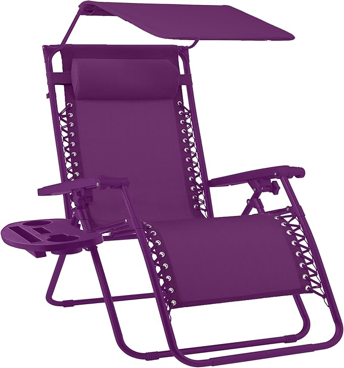 Best Choice Products Folding Zero Gravity Outdoor Recliner Patio Lounge Chair w/Adjustable Canopy Shade, Headrest, Side Accessory Tray, Textilene Mesh - Amethyst