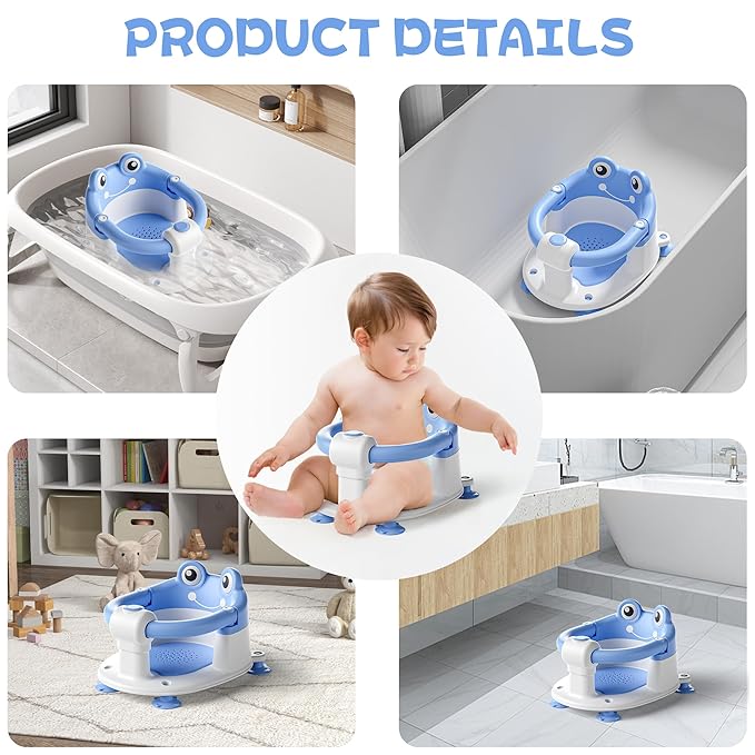Baby Bath Seat for Babies 6 Months & Up - Toddler Bath Seats for Baby Sitting Up with 4 Suction Cups & Soft Cushion, Non-Slip Infants Shower Bathtub Chair for Newborn Boys, Blue