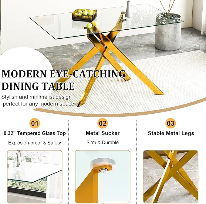 51.2" Glass Dining Table, Modern Kitchen Table for 4-6 People, Contemporary Rectangular Dining Room Dinner Tables with Clear Glass Top & Gold Metal X Legs for Kitchen Apartment
