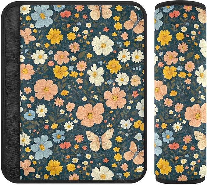 Cute Butterflies Flowers Car Seat Belt Covers Fashion Seat Belt Cushion Cover 2Pcs Shoulder Strap Cushion for Girls Boys Adults