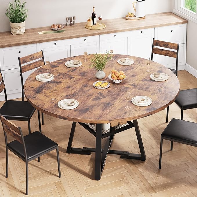 51'' Round Dining Table for 6,Kitchen Dining Room Circle Dinner Pedestal Table,Space Saving Wood Kitchen & Dining Room Furniture (Vintage, 51In)