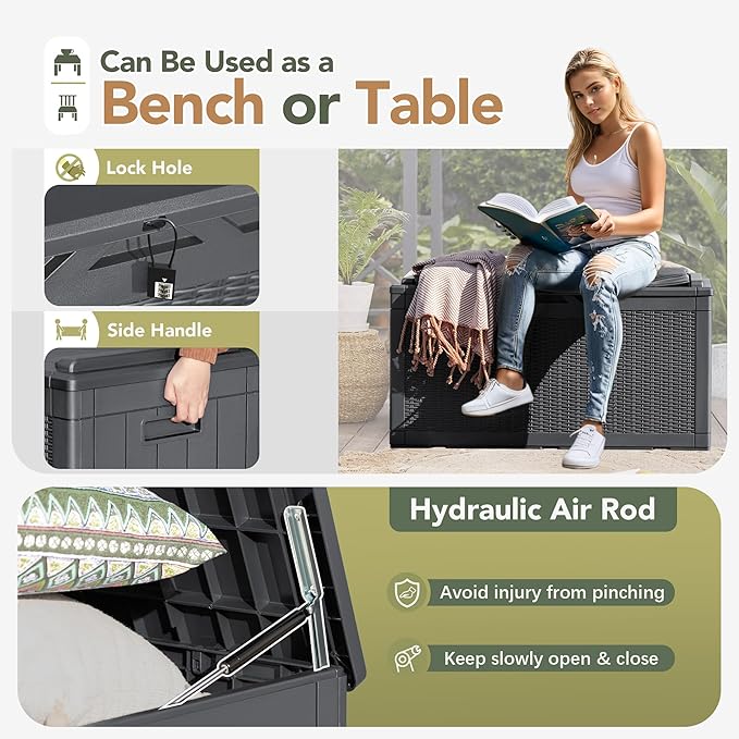 Flamaker Deck Box with Cushion 100 Gallon Waterproof Resin Storage Box with Air Rod Indoor Outdoor Lockable Storage Bench for Patio Furniture, Tools, Pool Accessories (Gray)