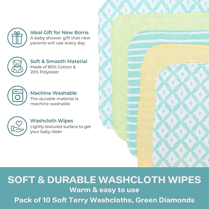 Spasilk Washcloth Wipes Set for Newborn Boys and Girls, Soft Terry Washcloth Set, Pack of 20, Green Diamonds