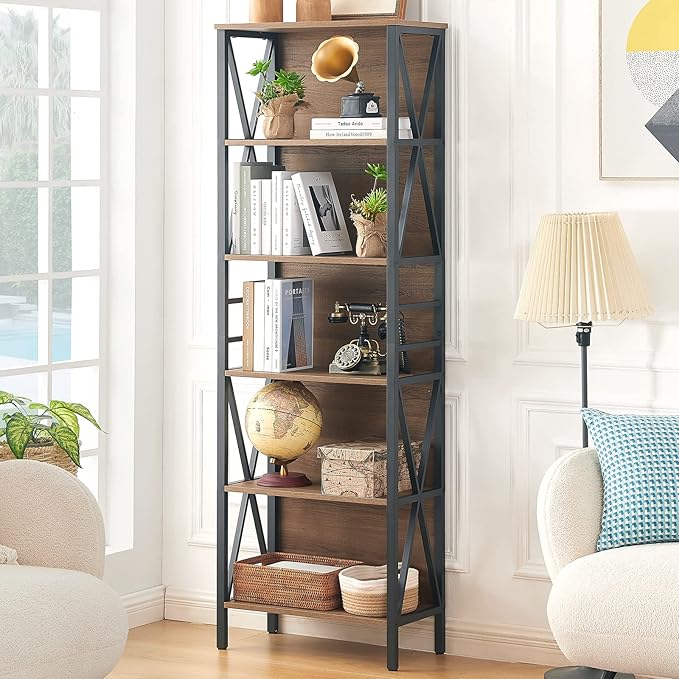 HOMISSUE Tall Bookshelf, 6-Tier Book Shelf, Rustic Wood Metal Bookshelves and Bookcases, Freestanding and Industrial Open Bookcase for Home Office, Living Room and Bedroom, Vintage Brown