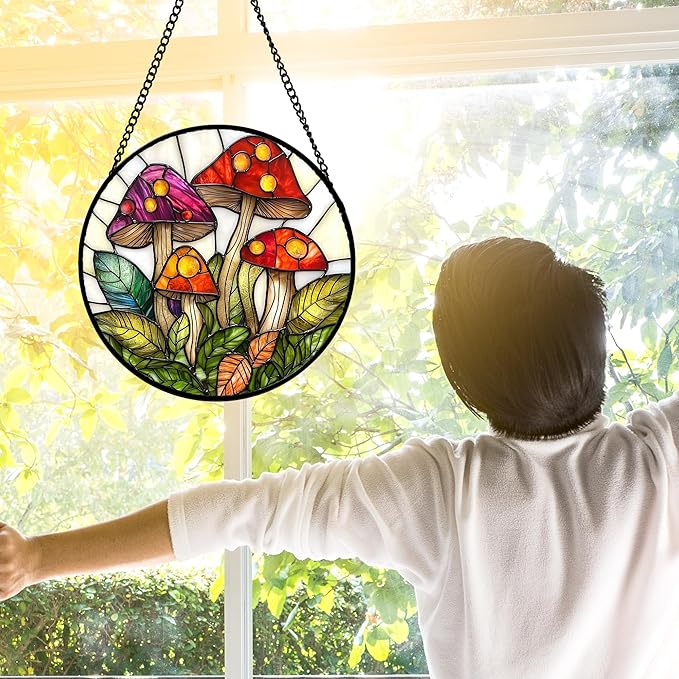 Stained Glass Window Hanging, Mushroom Leaves Suncatcher for Doors Home Sun Catchers Decoration and Christmas, Mother's Day Birthday Gifts for Women, Men, and Mom 7.8 in
