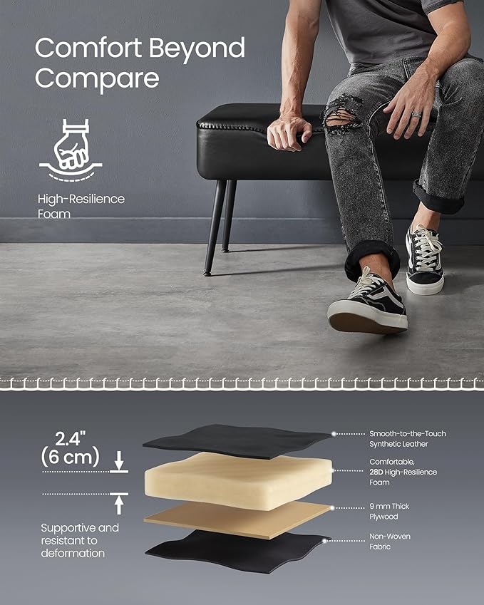 VASAGLE EKHO Collection - Bench for Entryway Bedroom, Synthetic Leather with Stitching, Ottoman Bench with Steel Legs, Living Dining Room, Mid-Century Modern, Loads 660 lb, Ink Black ULOM076B01