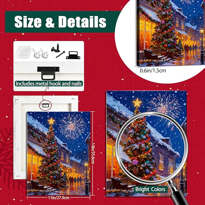 Vintage Christmas Tree and Fireworks Canvas Wall Art - Festive Framed Canvas Prints for Home Office Decor, Rustic Christmas Wall Art Picture, Ideal Christmas Gifts & Festive Decorations