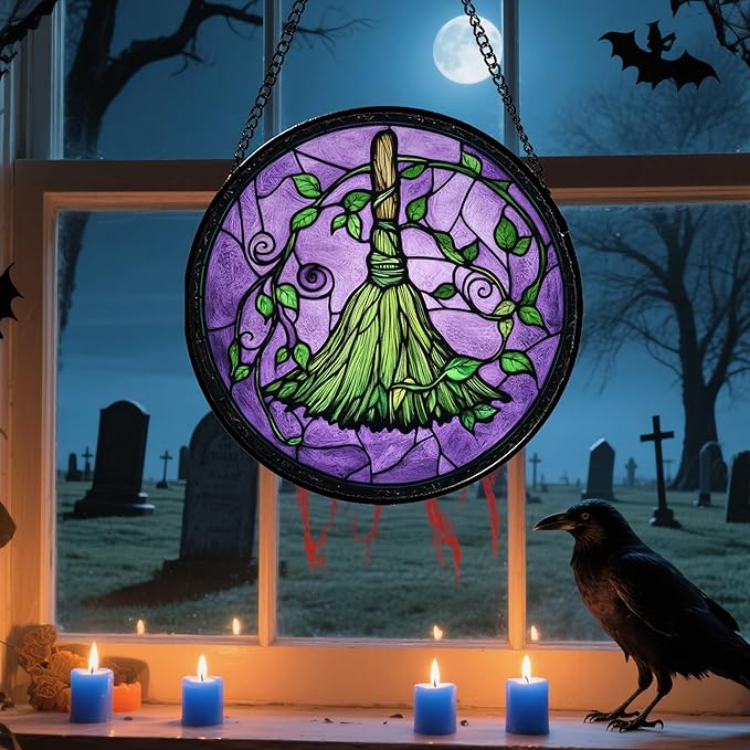 Stained Glass Window Hanging - Halloween Decorations Witch Magic Broom Suncatcher for Doors Garden Indoor Funny Spooky Sun Catchers Gothic Decor Horror Gifts for Women Men Friend 11.8 in