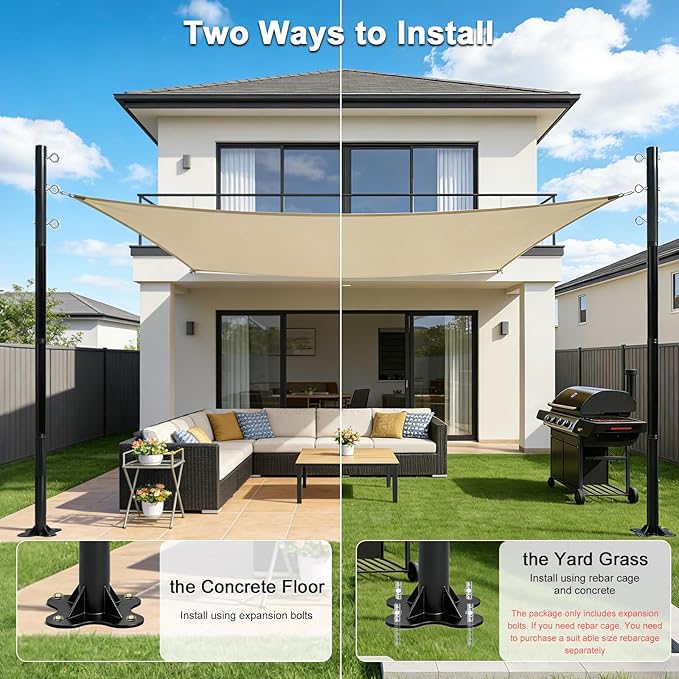 2 Pack 12 Ft Shade Sail Poles, Heavy Duty Metal Outdoor Support Post Kit, Rust-Resistant Shade Sail Support Poles, Adjustable Metal Sun Shade Poles For Patios, Courtyards, Backyards And Gardens
