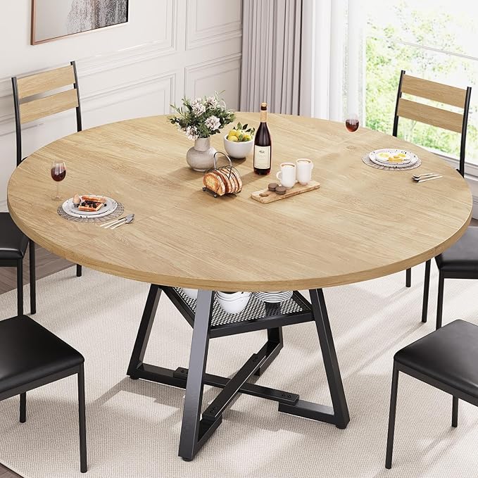 51'' Round Dining Table for 6,Kitchen Dining Room Circle Dinner Pedestal Table,Space Saving Wood Kitchen & Dining Room Furniture (Natual Wood, 51In)
