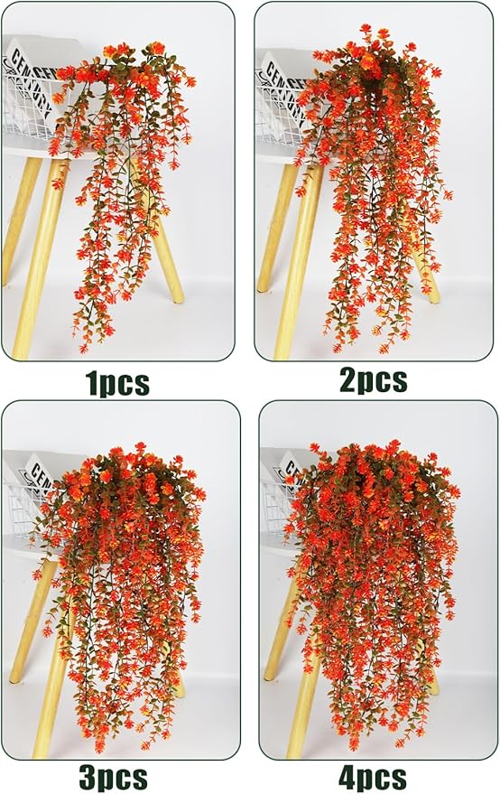 SJL Artificial Fake Fall Hanging Flowers Fake Plant Artificial Hanging Plants Flower Fall Eucalyptus Palnts Outdoor Faux Autumn Vines Decor Real Touch for Patio Living Room Thanksgiving (Salmon)