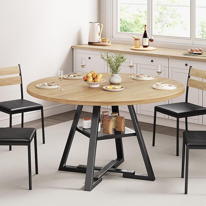 47'' Round Dining Table for 4,Kitchen Dining Room Circle Dinner Pedestal Table,Space Saving Wood Kitchen & Dining Room Furniture (Natual Wood, 47In)