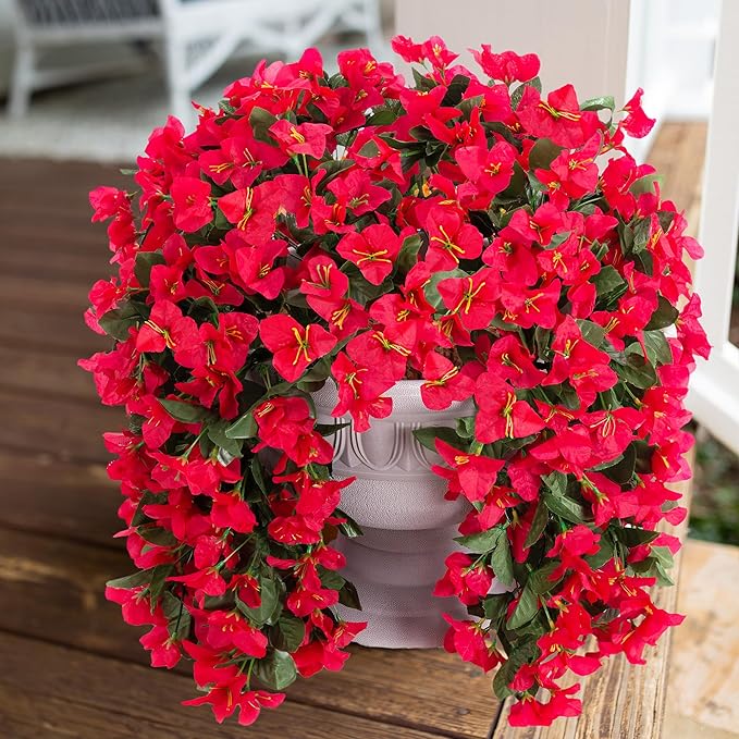 Faux Bougainvillea Artificial Flowers Plants for Outdoor Outside Decoration, 2 PCS Red Fake Flowers UV Resistant Look Real Silk Long Trailing Vines for Front Door Porch Planter Urn Patio Garden Yard