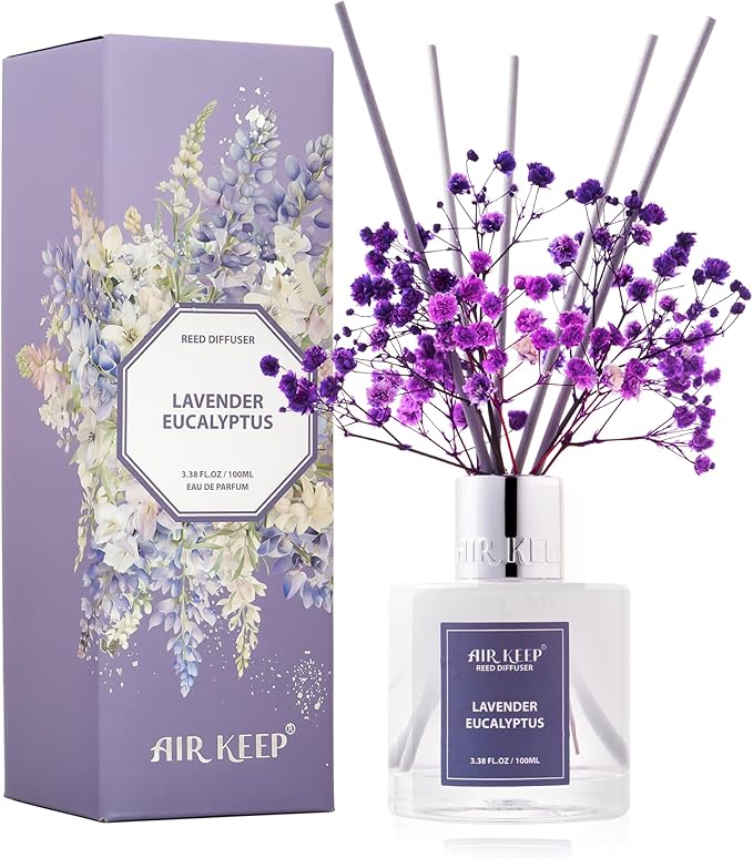 Airkeep Reed Diffuser Set,3.38 fl oz (100 ml) - Lavender Eucalyptus Oil Diffusers with 8 Reed Sticks, Home Fragrance Reed Diffuser for Bathroom Shelf Decor