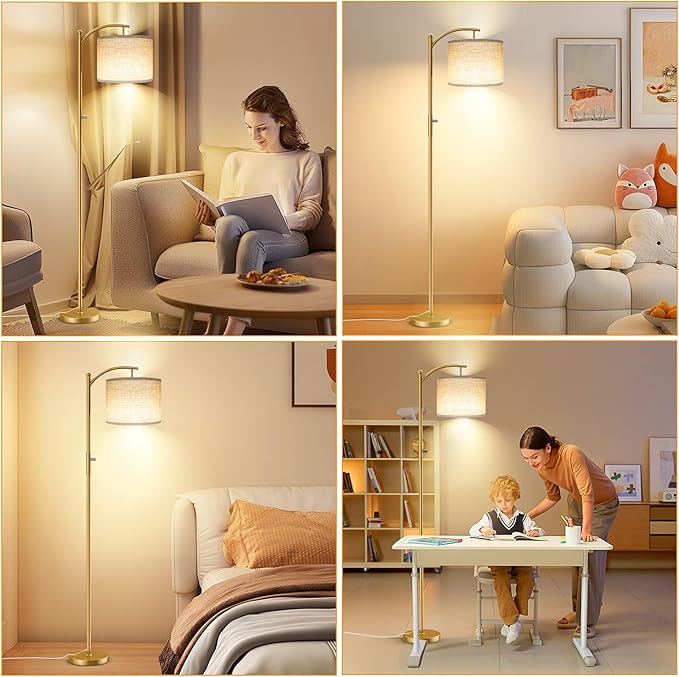 Dimmable Floor Lamp, Arc Floor Lamps for Living Room, Stepless Dimming Modern Standing Lamp with Linen Shade, Tall Lamp for Bedroom Office Dining Room- Gold