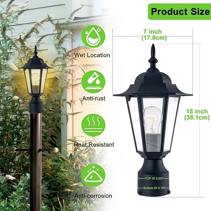 Outdoor Post Light, Pole Lantern, Waterproof Die-Cast Aluminum Pole Light Fixture with Glass, Exterior Post Lamp for Garden Yard Patio Pathway, Matte Black, 2-Pack
