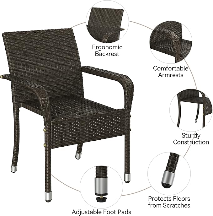 Yaheetech Set of 2 Stackable Outdoor Rattan Dining Chairs, All-Weather Armchair w/Armrests, Steel Frame for Garden, Patio, Deck, Yard, Poolside, Brown