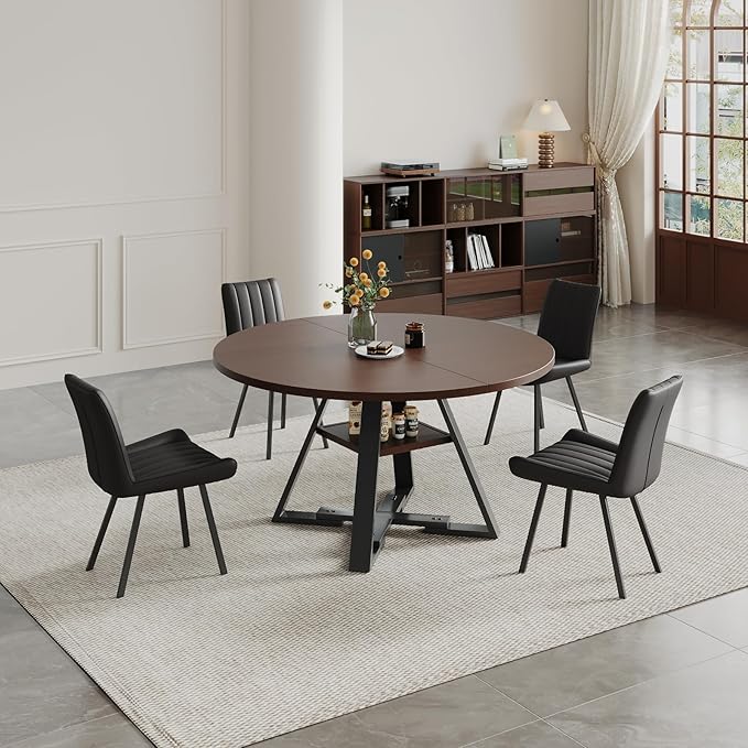 Walnut Round Dining Table Set for 4, Mid-Century Modern Kitchen Table and Chairs, Small Space Dining Room Furniture for Apartment, Breakfast Nook or Studio (Walnut wood-Storage Table+4 Black Chairs)
