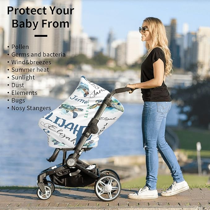 Personalized Baby Car Seat Cover with Name Stroller Canopy Custom Sea Turtle Carseat Cover Newborn Baby Boy Girl Nursing Cover for Moms First Birthday Gift