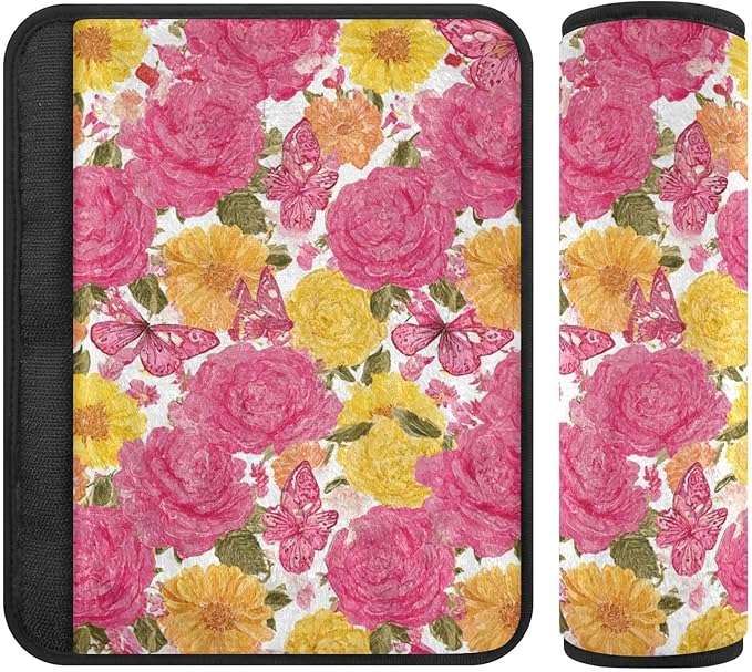 2 Pack Seatbelt Covers Seat Belt Cover Pad for Adults Boys Girls Car Seat Strap Covers Pads Cushion Universal Shoulder Strap Pad Protector for Backpack Camera Bag 10x7.7Inch Roses Bloom and Butterflie