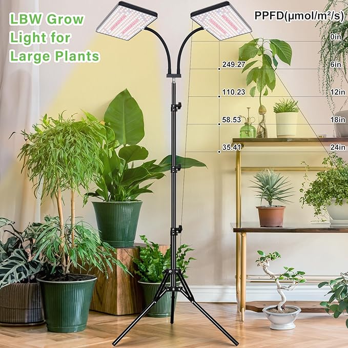 LBW Latest Grow Light for Indoor Plants, 428 LED Dual-Head Full Spectrum Standing Plant Light, Floor Grow Lamp with 3/6/12H Timer, 6 Brightness Levels, 3 Switch Modes, 75" Adjustable Tripod Stand