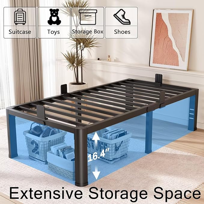 FUIOBYVV 18 Inch Twin Bed Frame with Rounded Corner and Headboard Hole Mattress Retainers 3500 LBS Metal Heavy Duty Steel Slats Support No Box Spring Needed Platform Noise Free Easy Assembly