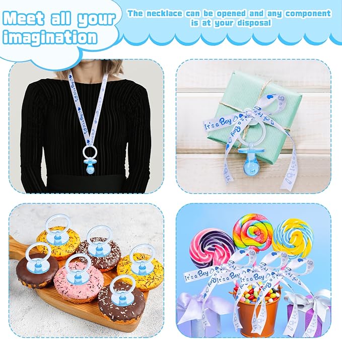 72 Cute Pacifier Necklaces for Boys & Girls - Acrylic Pacifier Necklace Set for Baby Shower Favors, Gender Reveal Party, Table Scatter or Necklace Game (Blue)