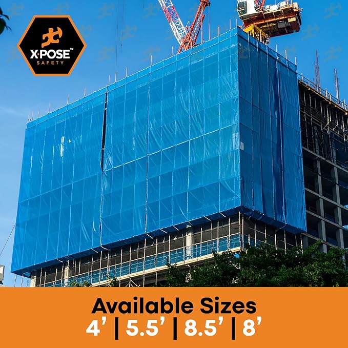 Xpose Safety Construction Safety Debris Netting - 150 Ft Temporary Material Roll, 1/4" Mesh Scaffold Net Enclosure, Visibility Barrier, Fencing Roll, Heavy Duty Fire Retardant 5.5 ft x 150 ft, Blue
