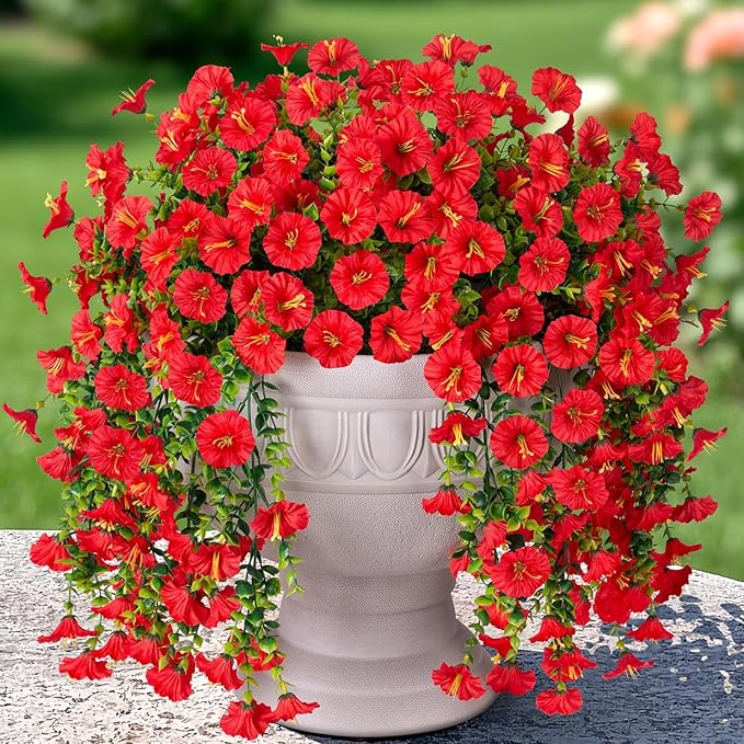Artificial Faux Hanging Flowers Plants for Outdoor Decor,2 PCS Fake Silk Morning Glory with Eucalyptus Greenery UV Resistant Realistic Vines for Wall Home Porch Patio Balcony Yard Indoor Decor, Red