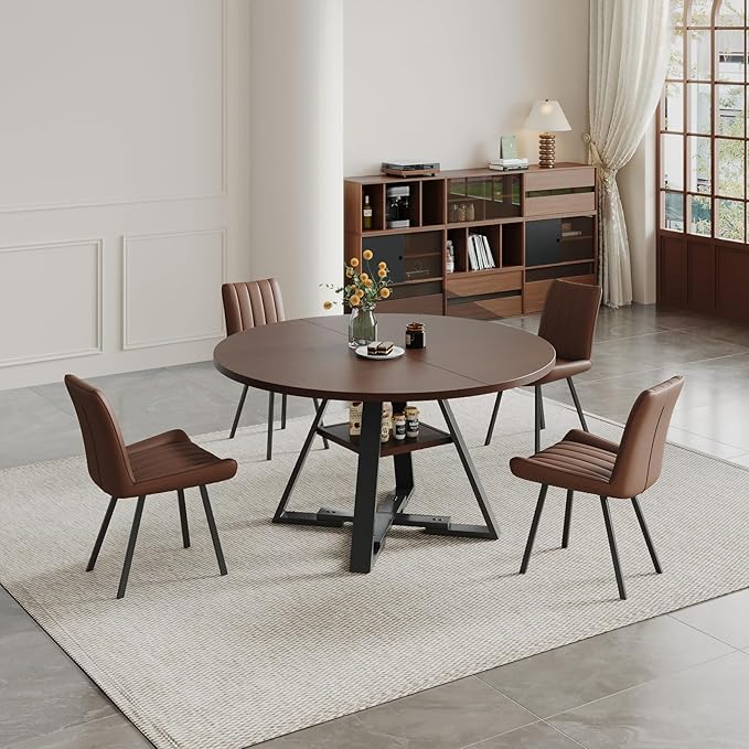 Walnut Round Dining Table Set for 4, Mid-Century Modern Kitchen Table and Chairs, Small Space Dining Room Furniture for Apartment, Breakfast Nook or Studio (Walnut wood-Storage Table+4 Brown Chairs)