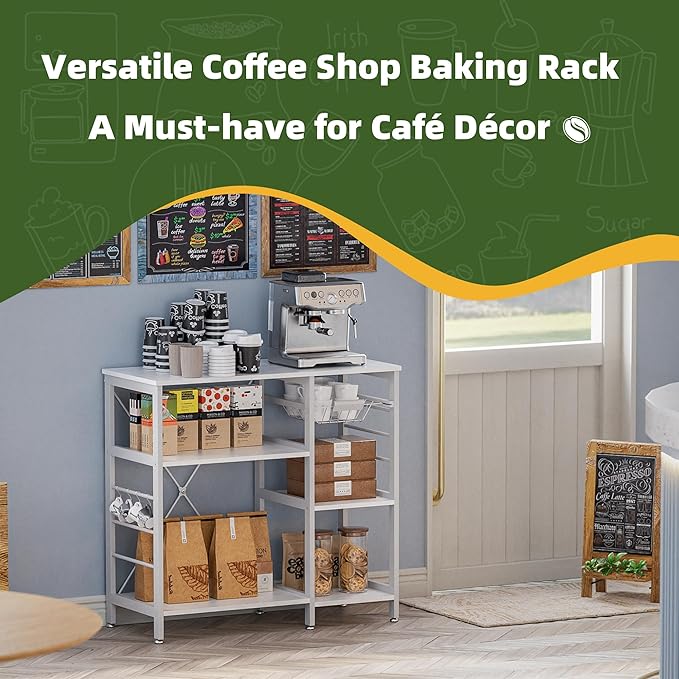 Baker’s Rack, Microwave Oven Stand with Bamboo Frame, 35.43" Coffee Bar with Wire Basket & 6 Hooks, 3-Tier Kitchen Storage Shelf Stand for Kitchen, Living Room, Office, White