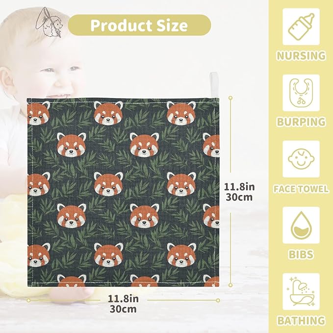 Red Panda Baby Washcloths Newborn Muslin Burp Cloths 3 Pack Soft Cotton Baby Face Bath Towel Drool Bibs for Infants, Girls and Boys 11.8 x 11.8 Inch