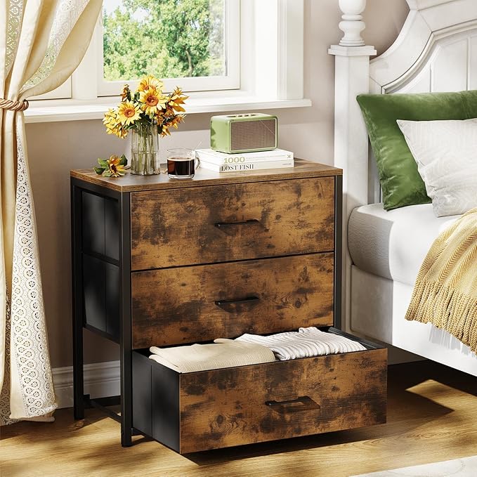 Nightstand, End Table, Bedside Table, Small Tall Dresser for Bedroom with 3 Storage Drawer, Chest of Drawers Fabric Dressers with Steel Frame, Wooden Top & Front for Living Room