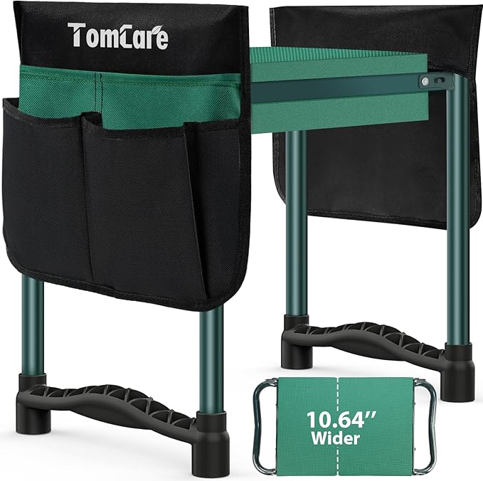 TomCare Garden Kneeler and Seat 10.64” Wider Larger Soft Kneeling Pad Garden Bench with 2 Large Tool Pouches Heavy Duty Garden Stool Foldable Tools Gardening Gifts for Women Men Gardeners