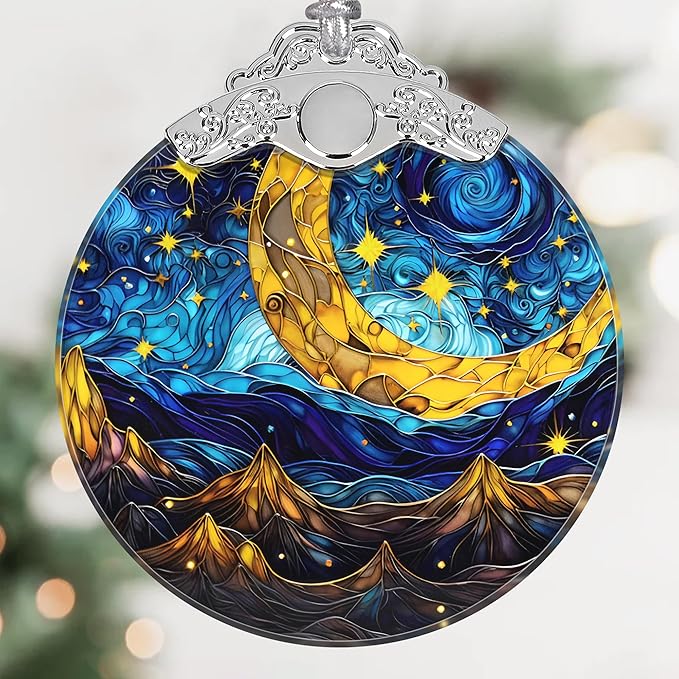 Retro Moon Star Stained Glass Hanging Ornament - Christmas Tree Decoration, Holiday Ornament, Gift Idea