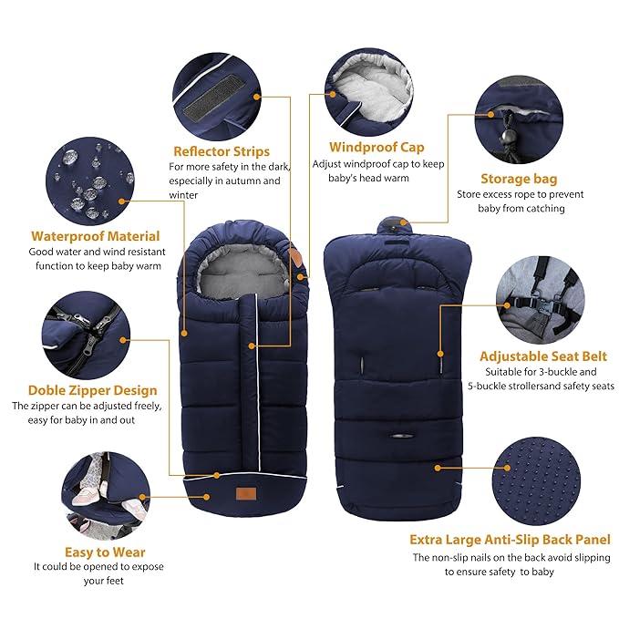 LAT Baby Warm Bunting Bag Universal,Stroller Sleeping Bag Cold Weather,Waterproof Toddler Footmuff(Basic,Navy Blue)