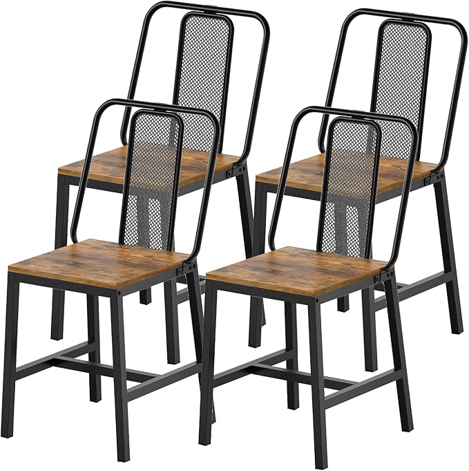 Dining Chairs Set of 4, Wooden Kitchen Chairs, Farmhouse Dining Chairs with Back Support, for Living Room, Kitchen, Rustic Brown and Black CY01L4BRN1