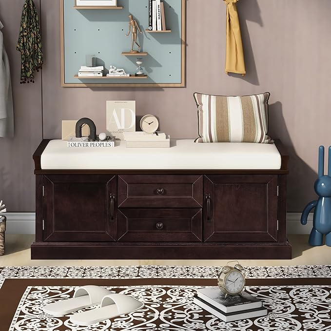 Entryway Storage Bench with Drawers & Cabinets — Cushioned Shoe Storage Bench for Hallway, Mudroom, or Living Room, Solid Wood Frame (Espresso)