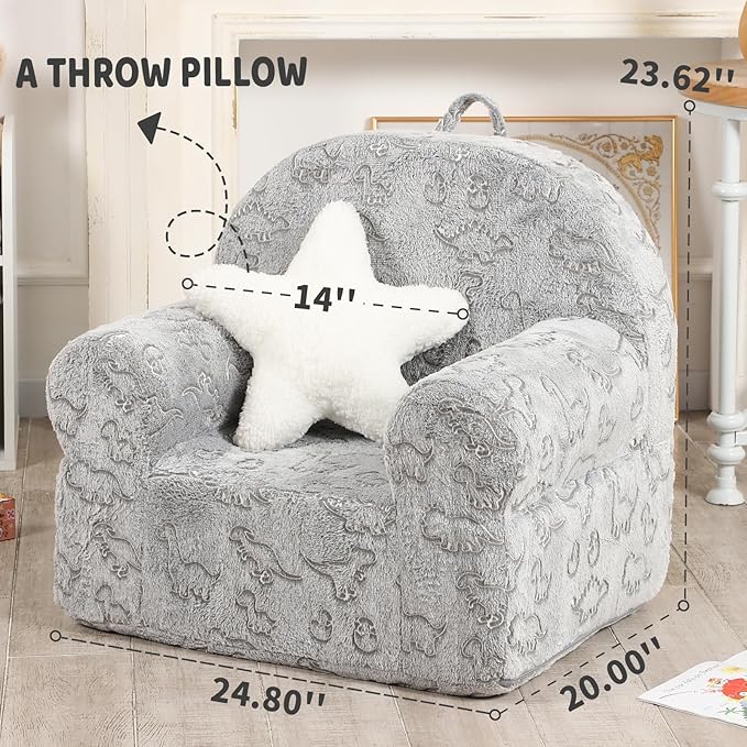 Dinosaur Glow in The Dark Kids Sofa with Star Throw Pillow, High Back Toddler Chair Glow in The Dark for Boys and Girls, Grey