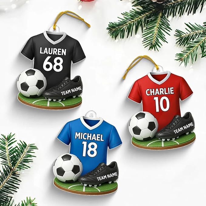 NAZENTI Personalized Soccer Christmas Ornament 2025, Custom Boy or Girl Soccer Player Ornament with Name and Number, Flat 2D Acrylic Tree Decoration, Sports Keepsake Gift for Kids, Teens, Men, Women