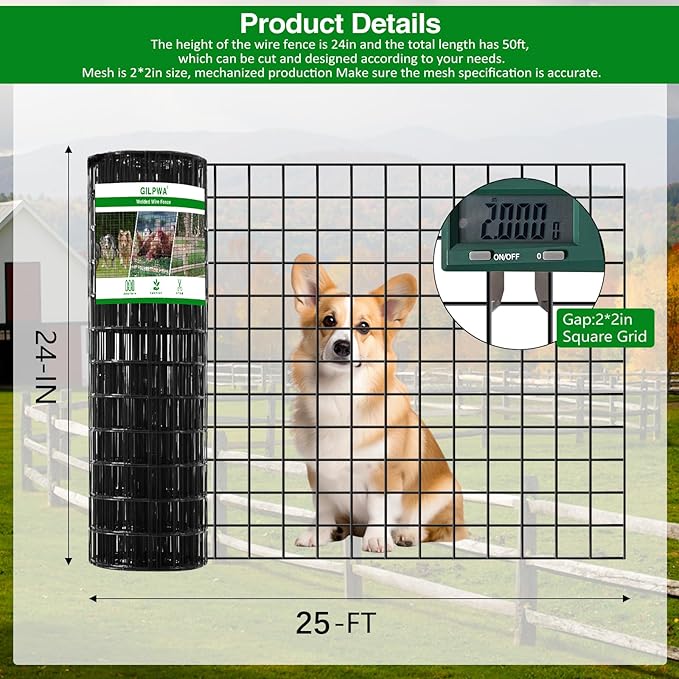 Wire Fence, 36 in(H) X 25 ft(L) PVC Coated Welded Wire Fencing 2" X 2" 16GA Garden Border Vinyl Metal Chicken Wire Fencing Mesh Roll for Yard Vegetable Plant Protection Poultry Netting Black