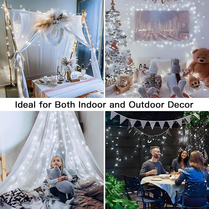 suddus 33ft 100 LED White String Lights with Timer, 12 Modes Christmas Fairy Lights Plug in, Connectable Indoor/Outdoor White Twinkle Lights for Xmas Tree, Bedroom, Garden, Wedding, Party Decorations